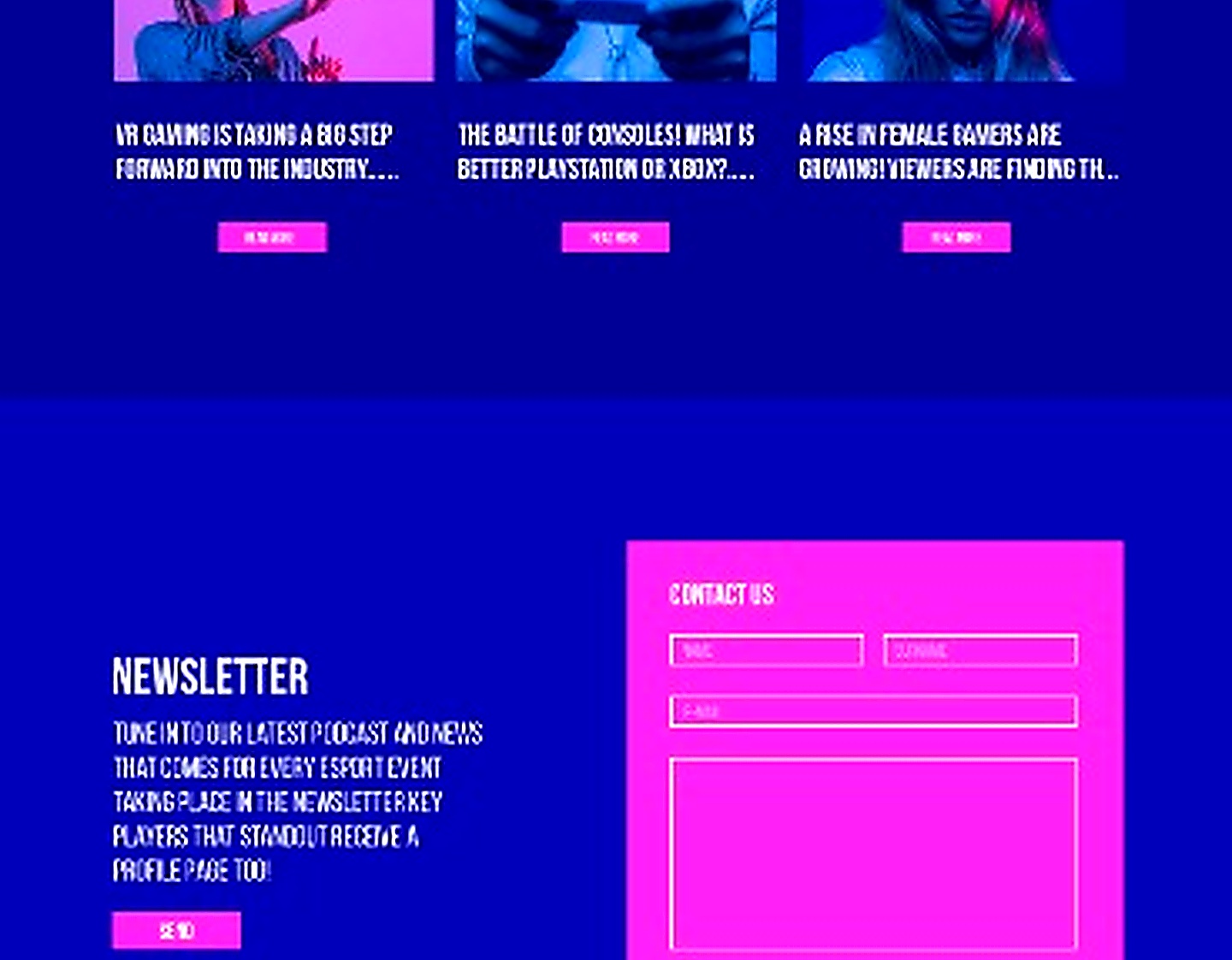 NEWSPORTS blog section featuring VR gaming, consoles and gamer culture