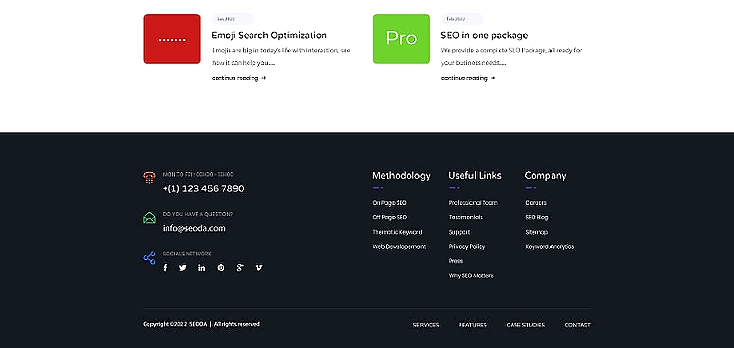 SEODA dark footer with methodology, useful links and company columns
