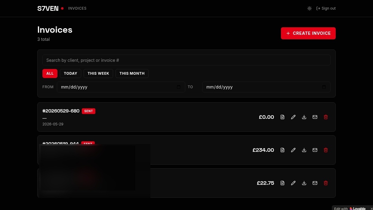 S7VEN invoice management dashboard showcase
