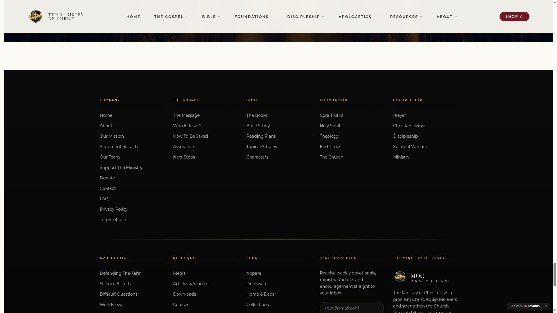 Dark Luxury Footer — Ministry of Christ website