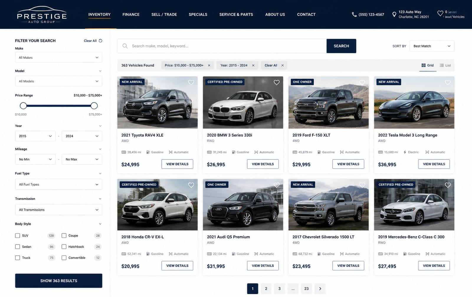 Search & Filter — Triple A Motors website